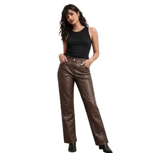 DKNY leather brown moto‎ straight leg pants minimalist quiet luxury size 2